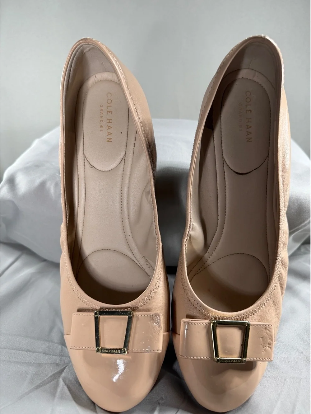 Cole Haan Beige Leather Wedge Heels with Bow Detail
